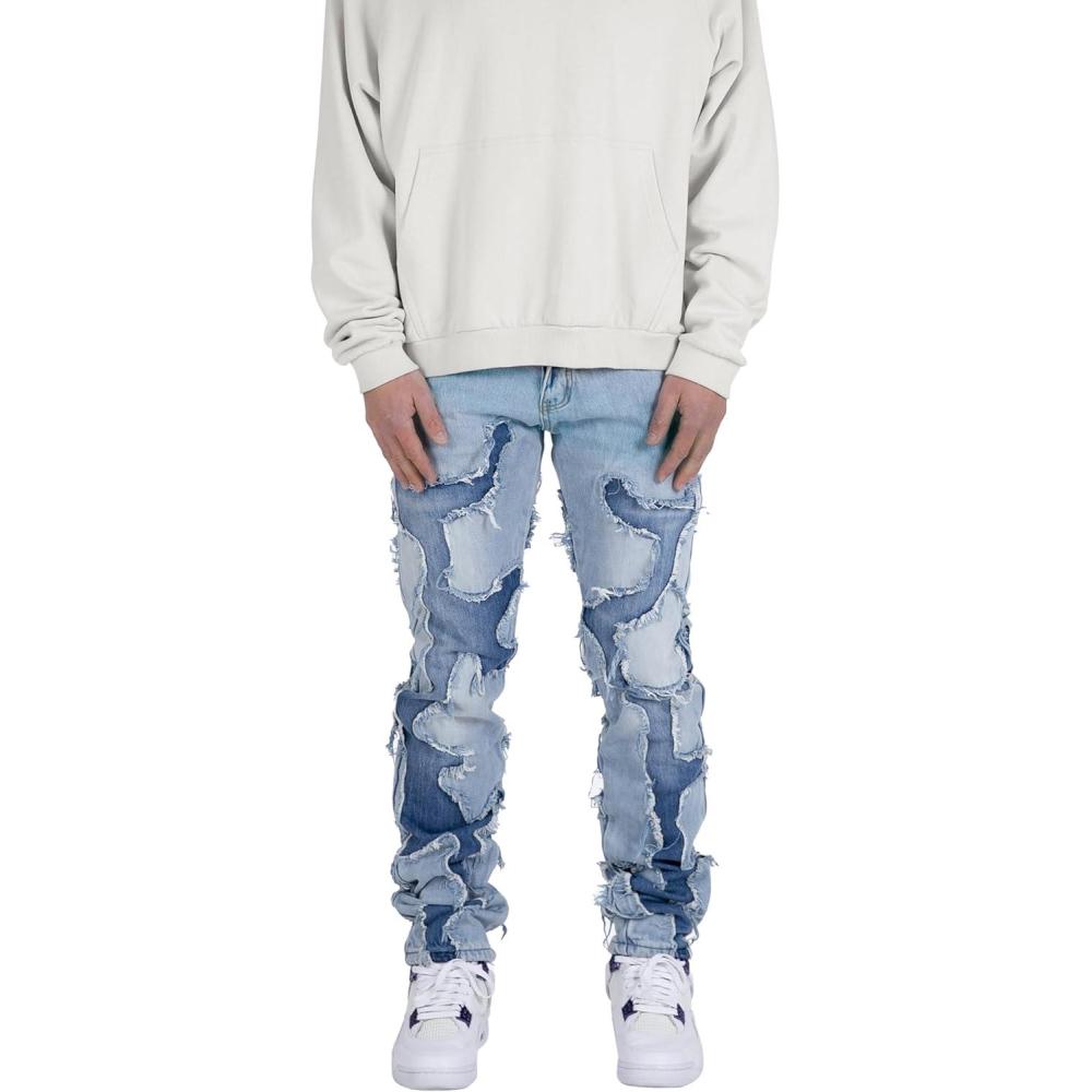 imagemnml Mens D423 Cracked Straight DenimBlue