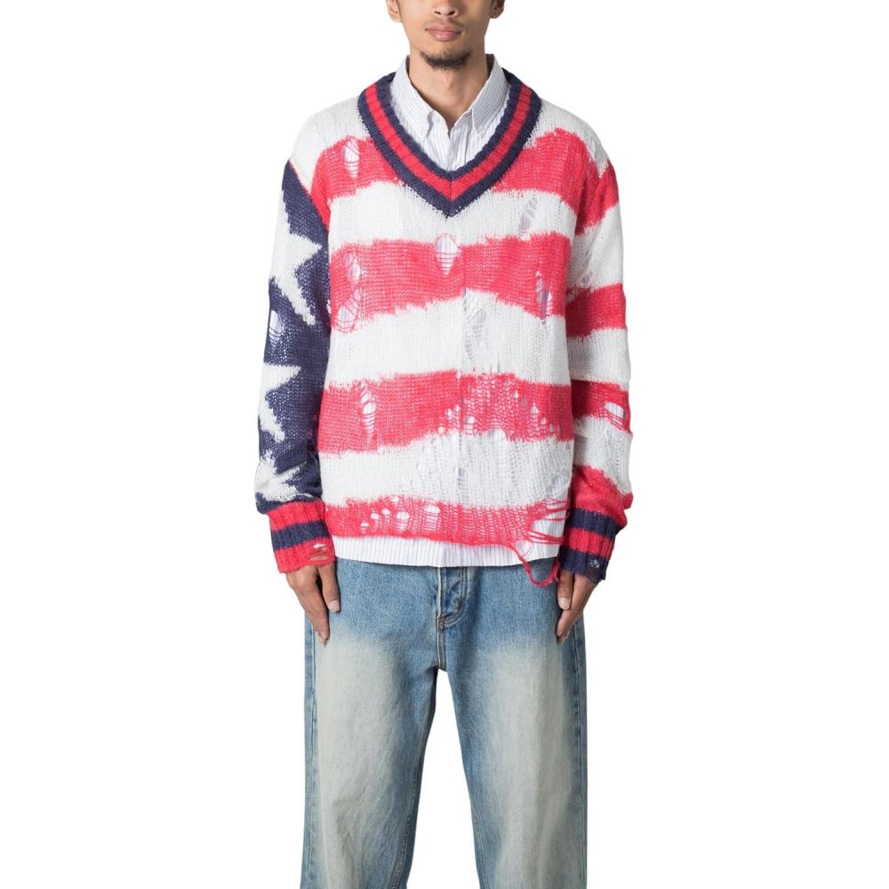 imagemnml Mens Flag Loose Knitted SweaterBlue