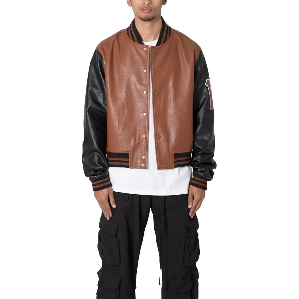 imagemnml Mens Pu Varsity JacketBlackBrown