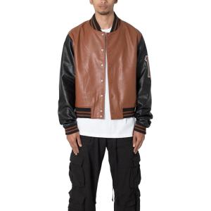mnml mens Mnml Pu Varsity Jacket(Black/Brown)
